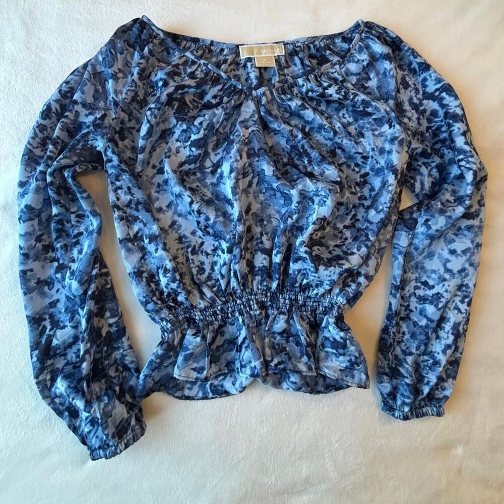 Michael Kors Petite Blue Floral Blouse | 3/4 Sleeves | Size Small (Petite)